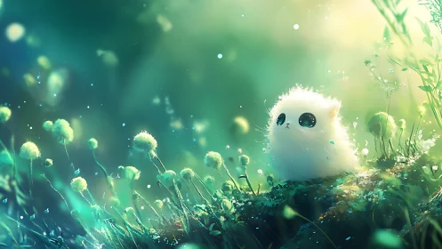 Fluffy white creature adrift in glowing dreamlike meadow.