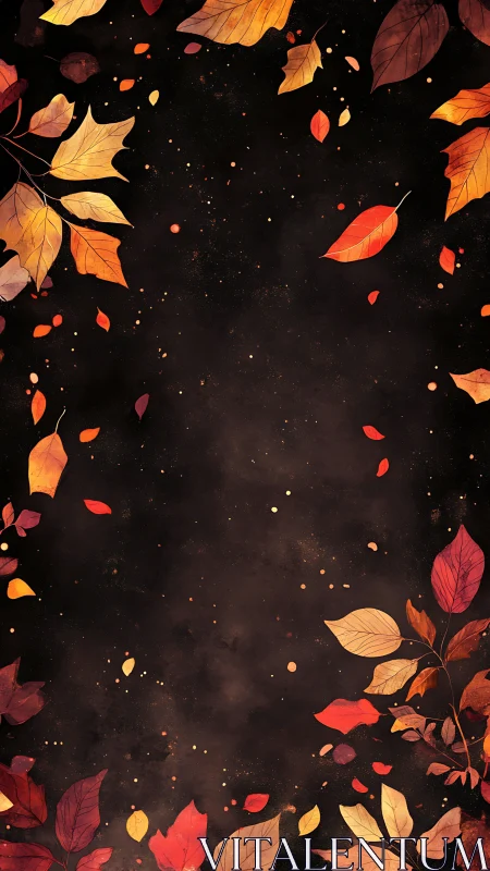 Vertical autumn foliage border in atmospheric digital painting.