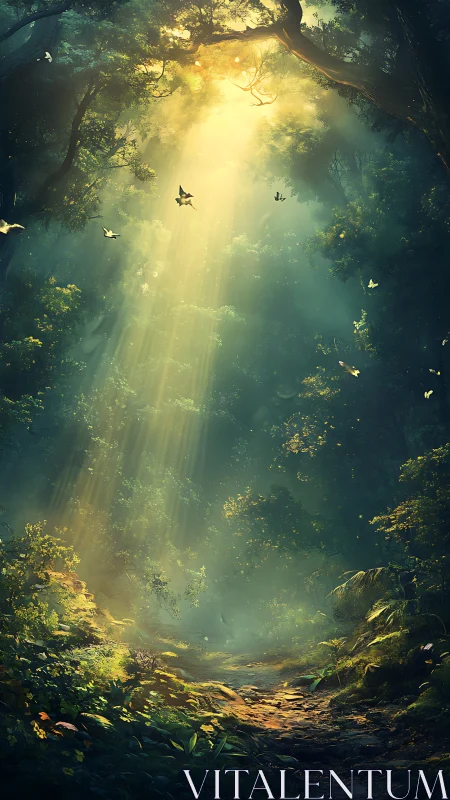 Sunlit forest path with vertical light beams and birds in air.