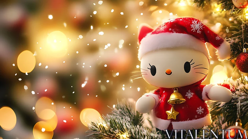 Cute cat Christmas ornament stands amid glowing bokeh lights
