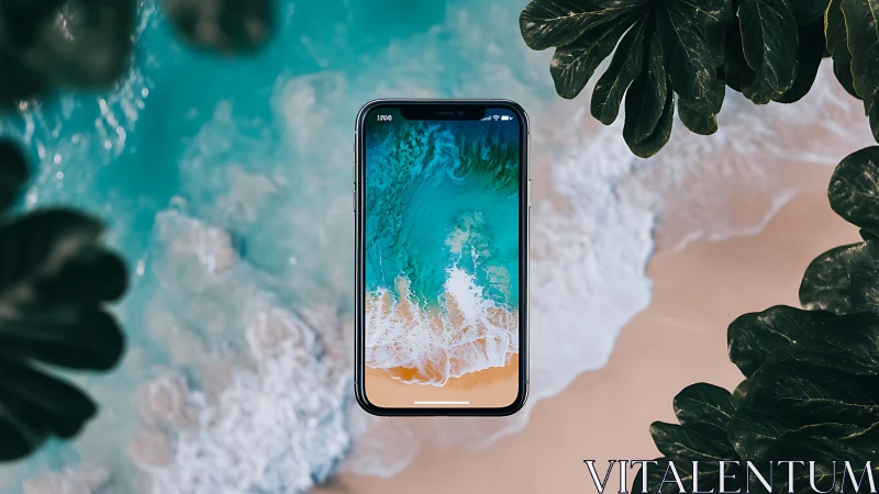 Smartphone screen aligns with aerial beach and ocean view