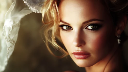 Luminous bridal portrait with soft bokeh and vivid gaze.