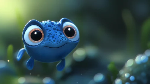 Adorable Blue Cartoon Frog in Lush Nature, Digital Art Style.