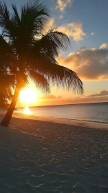 Sunset palms lean into molten gold along serene shore.