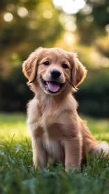 Golden retriever puppy sits on grass in soft evening light