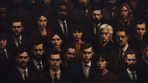 Dense corporate group portrait under low-key chiaroscuro lighting.