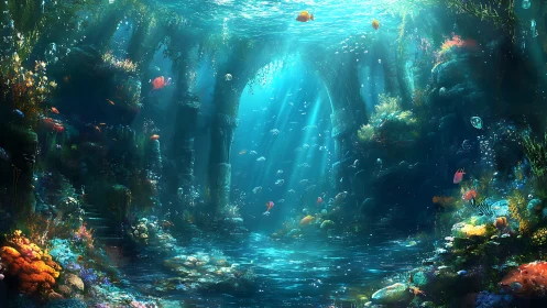 Sunken coral cathedral where wandering light choreographs tides.