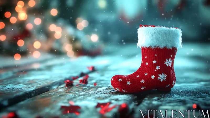 Red Christmas stocking glows on frosty wooden surface.