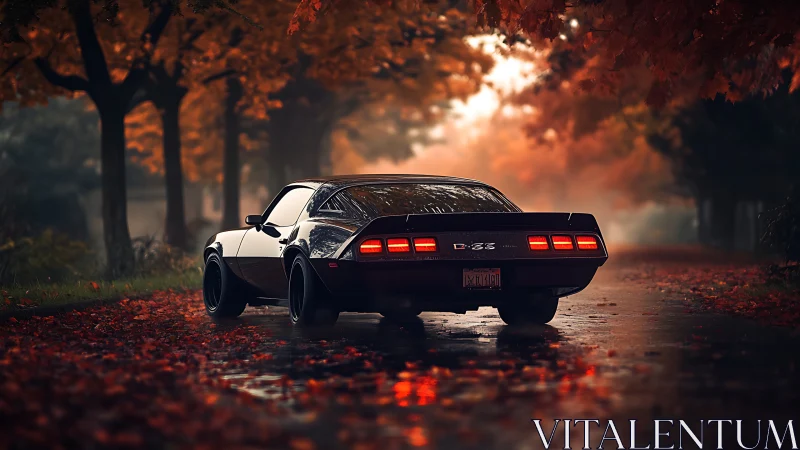 Classic muscle car on wet autumn road at dusk.