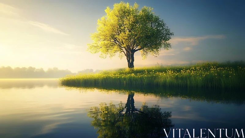 Solitary lakeside tree glows softly in golden morning light