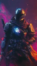 Armored sci fi warrior in glowing neon combat gear.