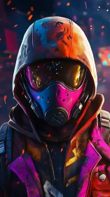 Neon-clad masked operative in high-saturation cyber-urban blaze.