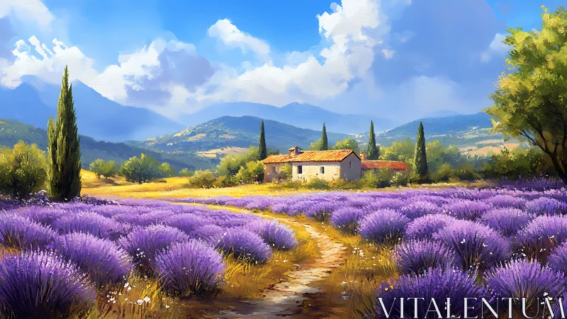 Lavender valley surrounds rustic farmhouse under vivid sky.