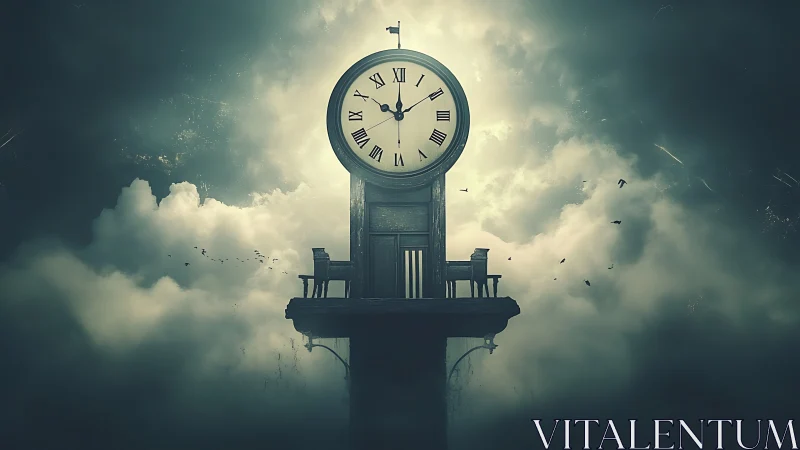 Suspended clock tower terrace pierces fog with desaturated atmospheric depth