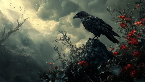 Stormlit raven rests above red flowers in a wild valley