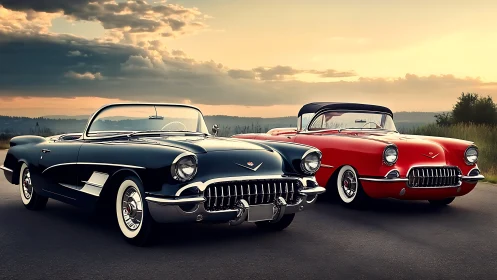 Twin vintage roadsters trade chrome smiles at sunset