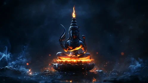Fiery lotus deity glowing softly in a midnight dreamscape.