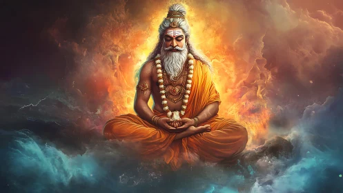 Digital rendering shows meditating sage in volumetric fire halo