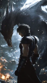 Warrior in black armor standing before shadow dragon.