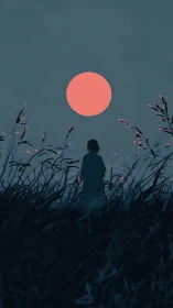 Quiet silhouette under a coral moon in tall night grass.