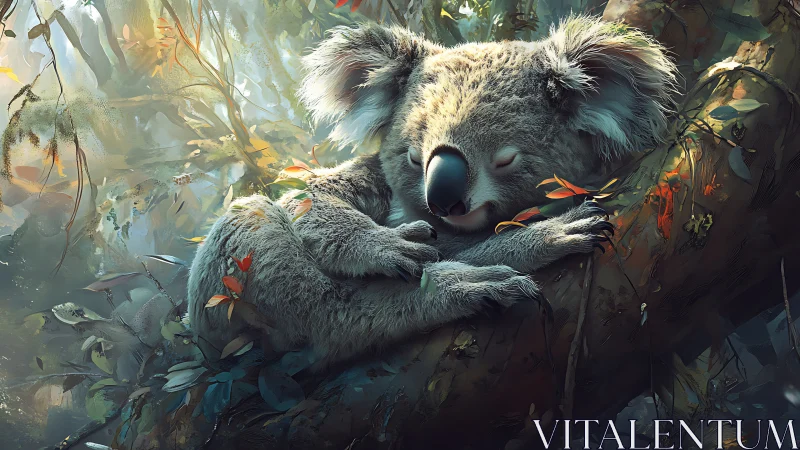 Sleeping koala resting on tree branch in dense forest.