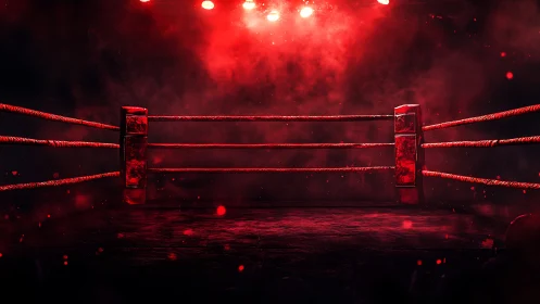 Empty Boxing Ring with Red Atmospheric Lighting and Stage Equipment