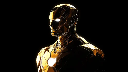 Gilded mech sentry studies the darkness with molten calm