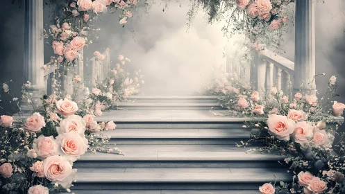 Soft pink roses welcome you up an enchanting misty stairway