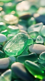 Sunlit green sea glass glows softly among smooth pebbles