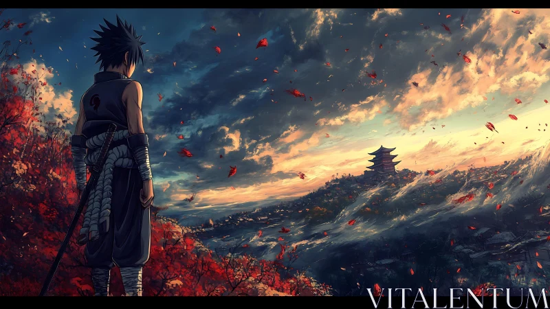 Swordsman overlooks distant pagoda under dramatic sky