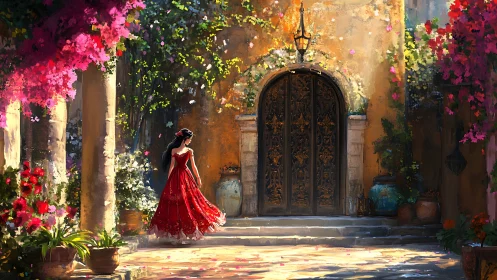Crimson gown beneath bougainvillea in sunlit courtyard portal.