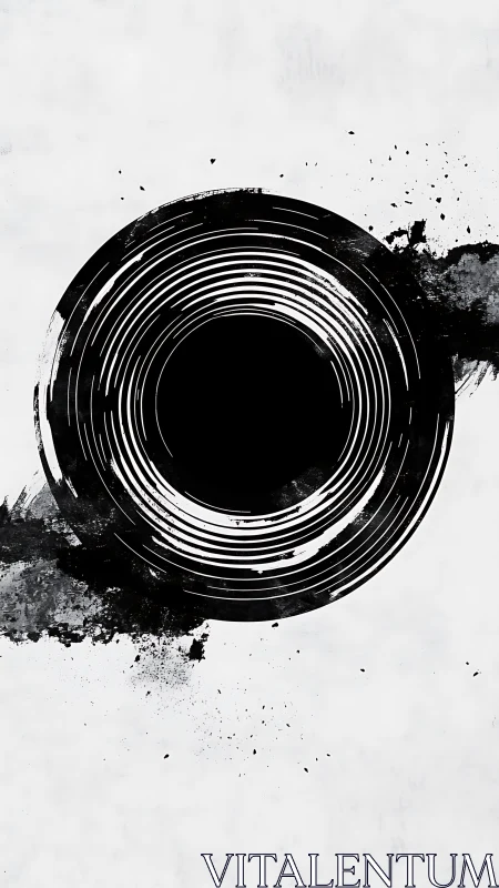 Monochrome concentric circle with splattered ink elements.