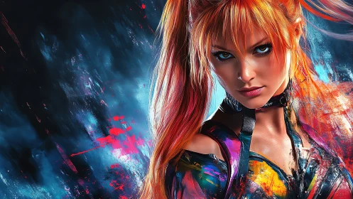 Neon warrior portrait in blazing abstract color storm.