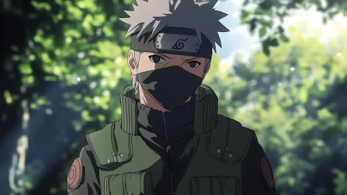 Masked silver haired ninja in tactical vest under forest light