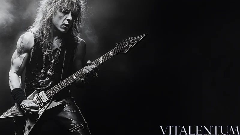 Electric guitarist performs under directional studio lighting