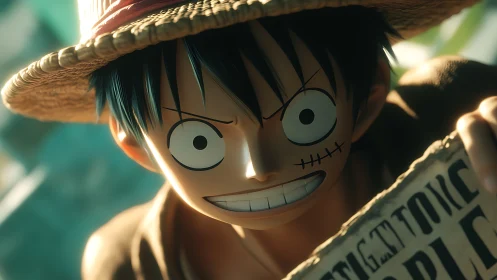 Straw hat pirate grins under warm cinematic sunlight.