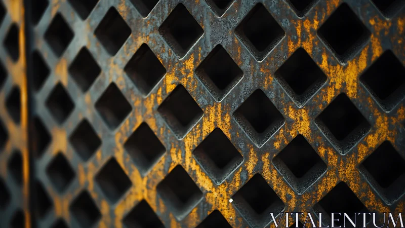 Rust-patinated steel grid with diamond perforation pattern.