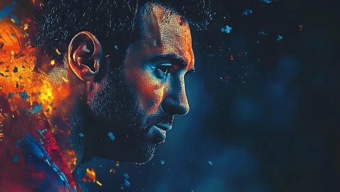 Digital portrait with fiery splashes and cool shadows.