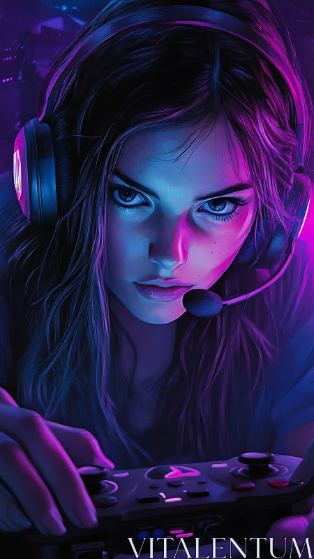 Focused gamer girl in neon headset holding controller.