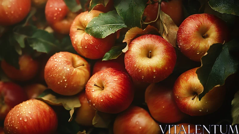 Red apples with dew among leaves in soft natural light.