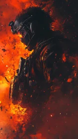 Tactical operator silhouette engulfed in cinematic firestorm.
