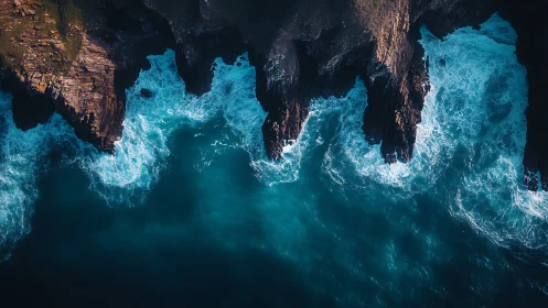 Aerial littoral interface with fractured basaltic cliff systems.