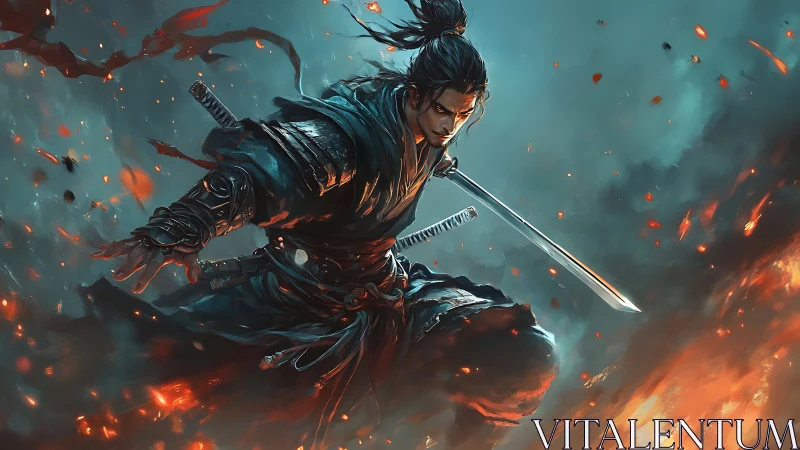 Dynamic samurai warrior lunges through embers in cinematic chiaroscuro