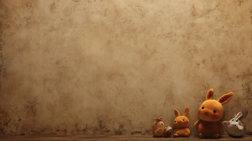 Soft plush bunnies share a quiet moment against rustic wall