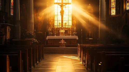 Sunlit church interior shows altar and crucifix in warm light