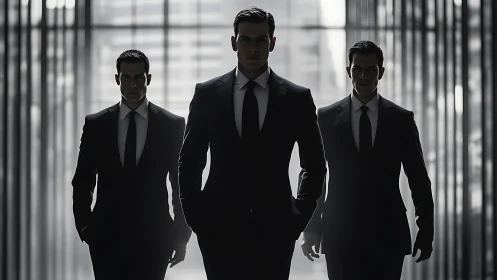 Triad of shadowed executives marching through silver corridors.