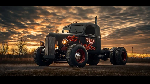Custom hot rod truck rendered at sunset with dramatic lighting