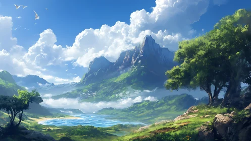 Mountain landscape with lake, cloud formations, and trees.