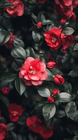 Red Camellia Flowers Blooming Among Dark Green Foliage