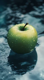 Green apple with water droplets rests on reflective wet surface